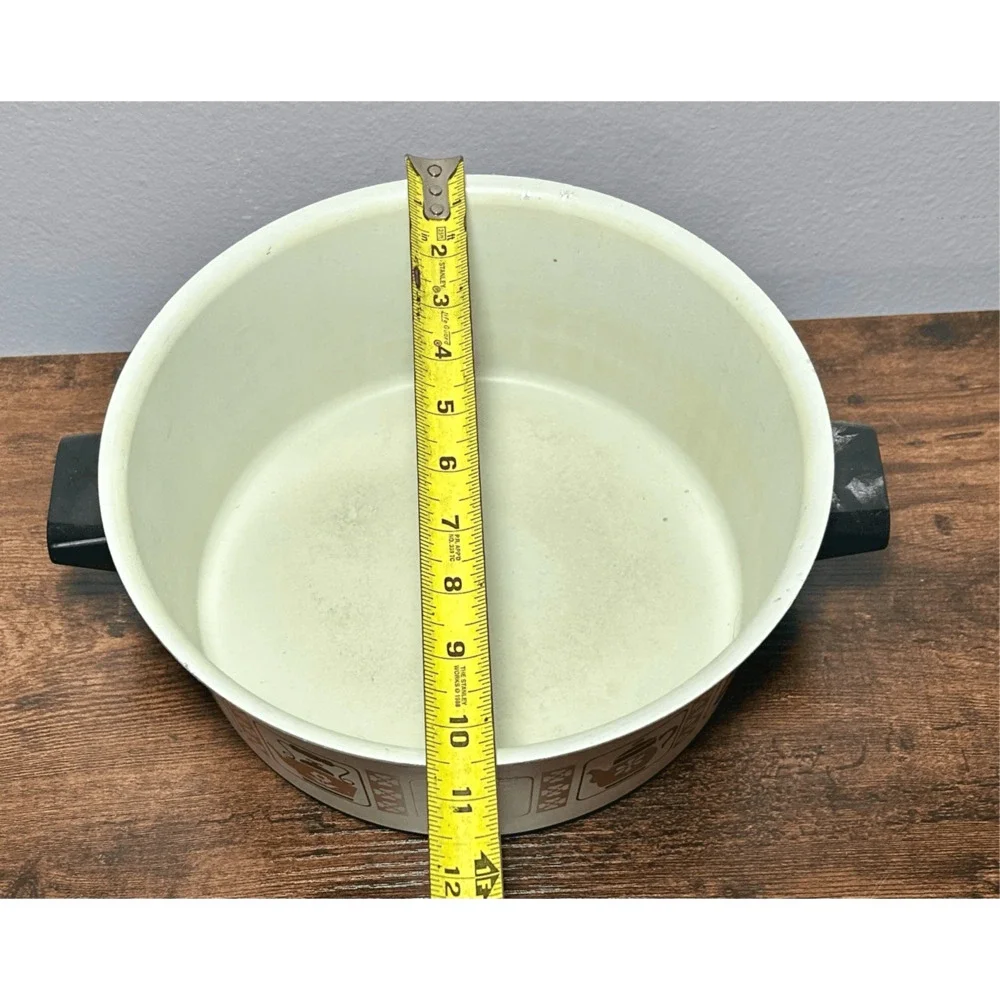 Vintage 1970s Enamel Sauce Pan Stock Pot 5 Qt MCM Coffee & Grinder Design